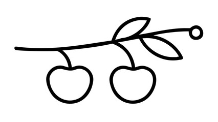 Crisp outline of cherries on a branch with two connected stems, smooth 1.5 pt lines, blank background.


