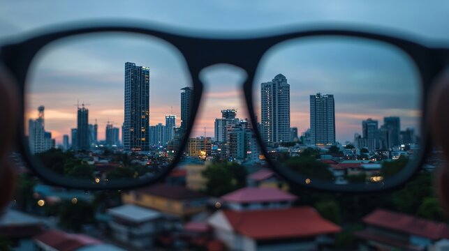 Cityscape vision through glasses at dusk showing clarity and urban perspective