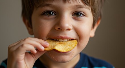 Close-up of a young child happily eating a potato chip.