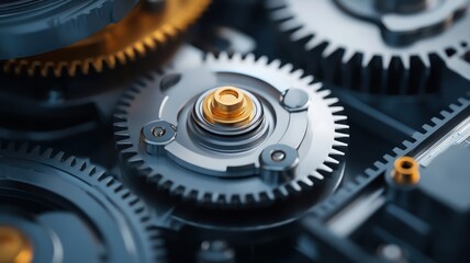 Interconnected metallic gears and cogs, symbolizing technological advancement.