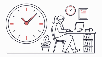 Woman working at desk with computer clocks and plant illustration.