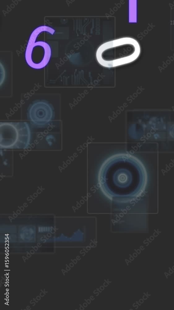 Poster animation of data processing and numbers over scopes scanning on black background