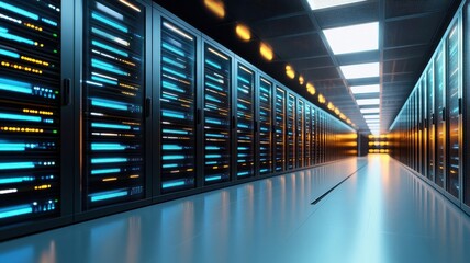 Modern data center with rows of server racks, illuminated by soft blue LED lights and an organized layout.