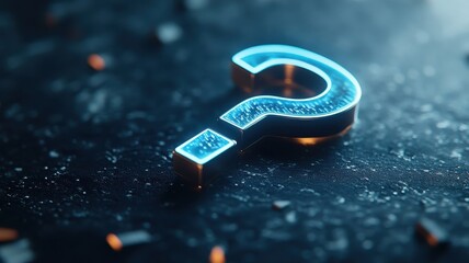 Neon blue glowing question mark floating against a dark, starry background with a digital aura.