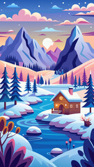 Obraz premium Vector art of a serene winter landscape with snowcovered mountains, a cozy cabin by a river, and a colorful sunset sky