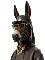 Hip-Hop Donkey in Stylish Streetwear, Photorealistic Funny Animal Portrait, Transparent Background