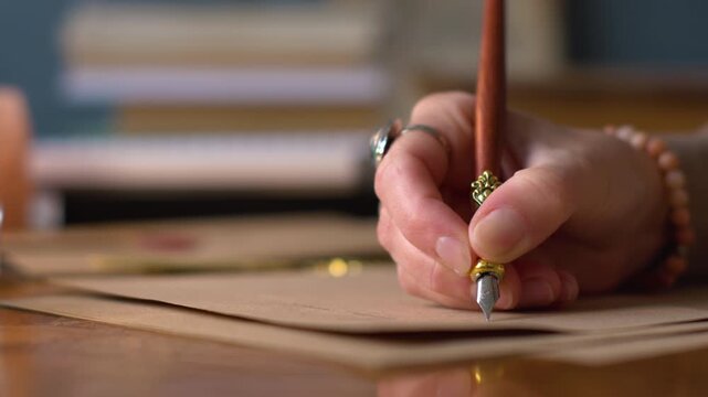 Close up of hands and handwritten letter written with antique quill pen and ink on old parchment paper. Girl writing letter.