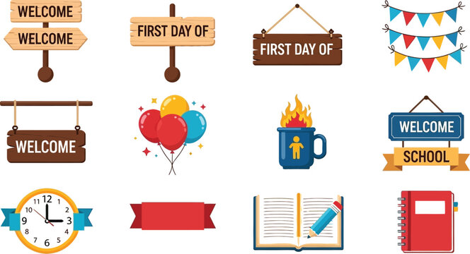 Vector art of a collection of backtoschool themed illustrations featuring welcome signs, first day of school signs, balloons, a mug with fire, a book, a clock, and a banner