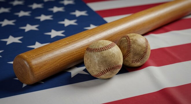 Wooden baseball bat and two worn baseballs resting on an American flag. - Powered by Adobe