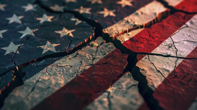 An  of an American flag with a crack in the middle, symbolizing division or distress.