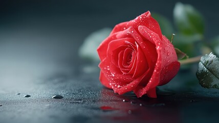 Vibrant red rose with dew drops on its petals, set against a dark background to highlight its rich color and texture.