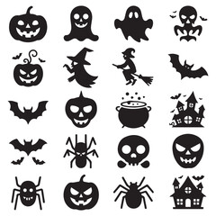 Fototapeta premium Halloween icons set with ghost, pumpkin, witch, bat, spider and skull silhouettes on white background