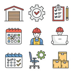 Warehouse and Engineering Icons: A vibrant collection of colorful icons captures the essence of a workshop, blending building components with workplace essentials.