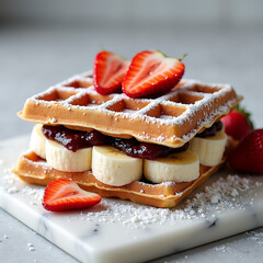 Morning Meal Waffles Strawberries Bananas Sweet Culinary Art







