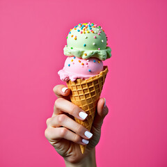 Hand Holding Colorful Ice Cream Cone With Sprinkles
