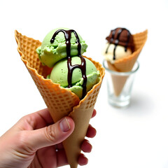 Hand Holding Ice Cream Cone With Chocolate Drizzle Topping
