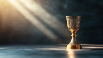 Golden chalice with intricate engravings illuminated by light, chiaroscuro.