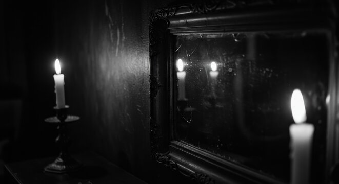 A dimly lit room with candles reflecting in a decorative mirror.