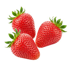 Three ripe red strawberries with green stems isolated on transparent background