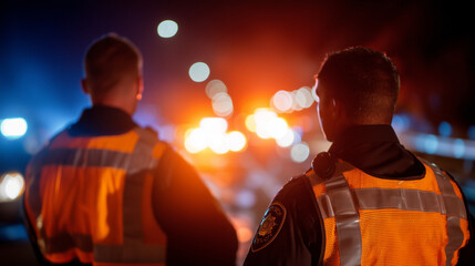 Police securing an accident zone with flares and cones at night, intense flashing lights police officers, road flares, traffic cones, accident site, nighttime security, law enforce