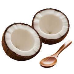 Freshly cut coconut halves with a wooden spoon on a rustic wooden surface isolated on transparent background