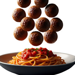 Delicious meatballs falling onto a plate of spaghetti with tomato sauce isolated on transparent background