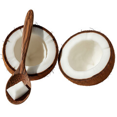 A whole coconut cut in half with a wooden spoon holding a piece of coconut meat isolated on transparent background