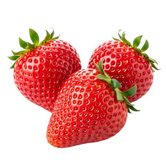 Three ripe red strawberries with green stems isolated on transparent background