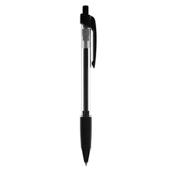 A sleek black ballpoint pen with a silver clip isolated on transparent background