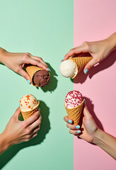 Multiple Hands Holding Ice Cream Cones With Diverse Flavors
