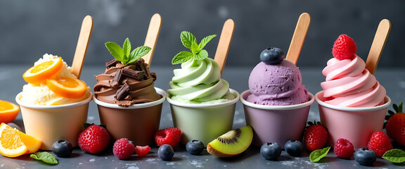 Sweet Dessert Cups With Variety Of Ice Cream Flavors
