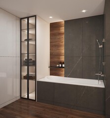 Modern bathroom with dark marble panels, wood-textured accent wall, glass shelving, and a sleek built-in bathtub. Warm lighting adds a cozy, luxurious feel to the minimalist design