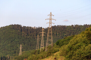 Power Lines Over Green Hills in Japan