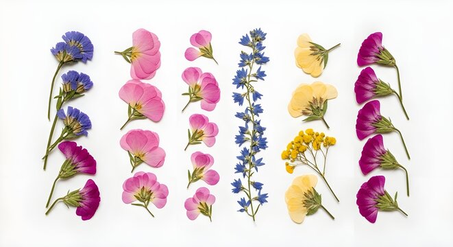 Overhead View of Dried Wildflowers Sorted by Color on White Background – Botanical Nature Flat Lay