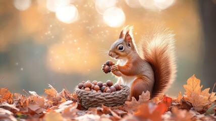 Playful squirrel gathering acorns amidst colorful leaves.