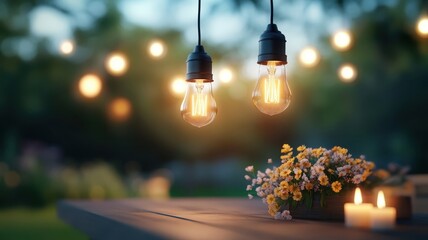 Edison bulbs hanging over rustic table with wildflowers and candles.