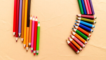 Fototapeta premium colored pencils on a wooden background, 3d Rendering illustration