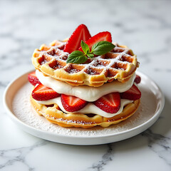 Gourmet Stacked Waffles Fresh Berries Bananas Culinary Creation
