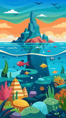 Obraz premium Vector art of a vibrant underwater scene unfolds with colorful fish swimming near a rocky island under a beautiful sunset sky