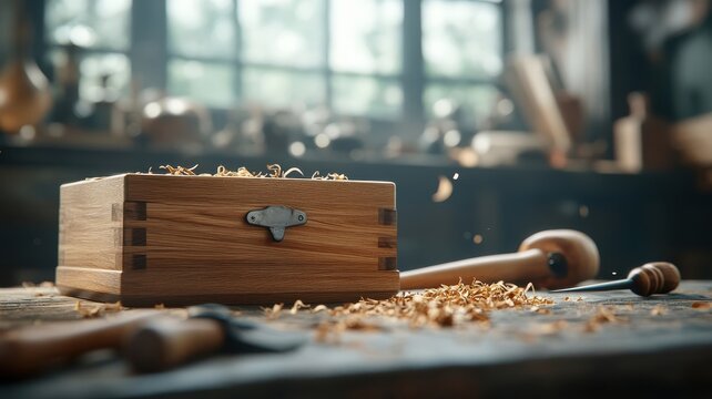 Craftsman's workshop with tools and finished wooden wine box on display.