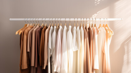Neutral clothes hanging on a rail in a bright, organized closet, background