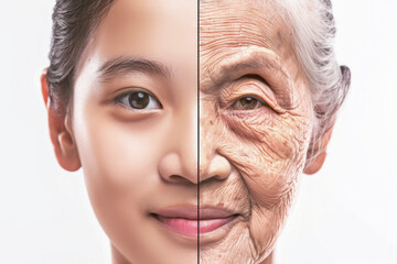Split screen comparison of elderly and young Asian Korean woman, concept of aging