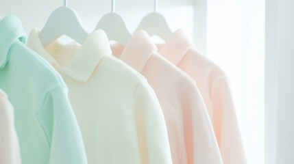 Light pastel clothes on rail, soft colors and minimal design background