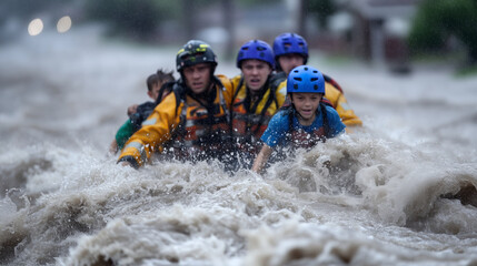 Flooded suburban street, people wading through water, firefighters evacuating children in a rubber boat flood evacuation, natural disaster, water rescue, emergency team, storm dama