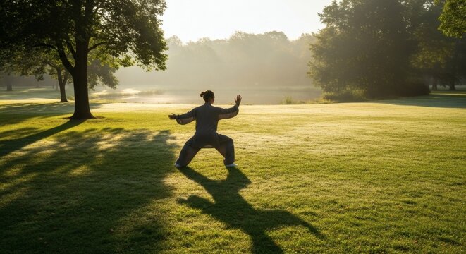 Woman in loose clothing practicing Tai Chi outdoors on a grassy field near a lake on a sunny morning, casting a long shadow.