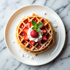 Sweet Dessert Waffle With Fruit Toppings And Powdered Sugar
