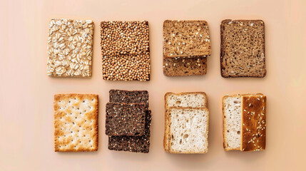 Varieties of flatbread and whole grain toast arranged as background