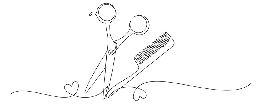  Continuous line drawing of scissors and comb for hair cutting 4