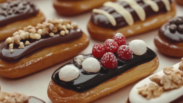 A row of donuts with nuts and raspberries on top. Some are chocolate and some are white