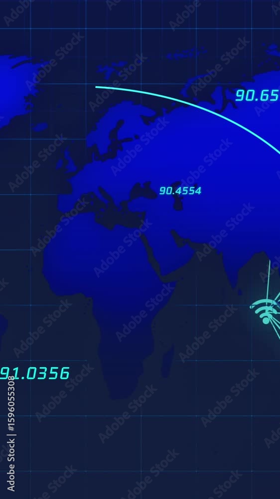 Poster animation of world map with data processing over network of connections with icons